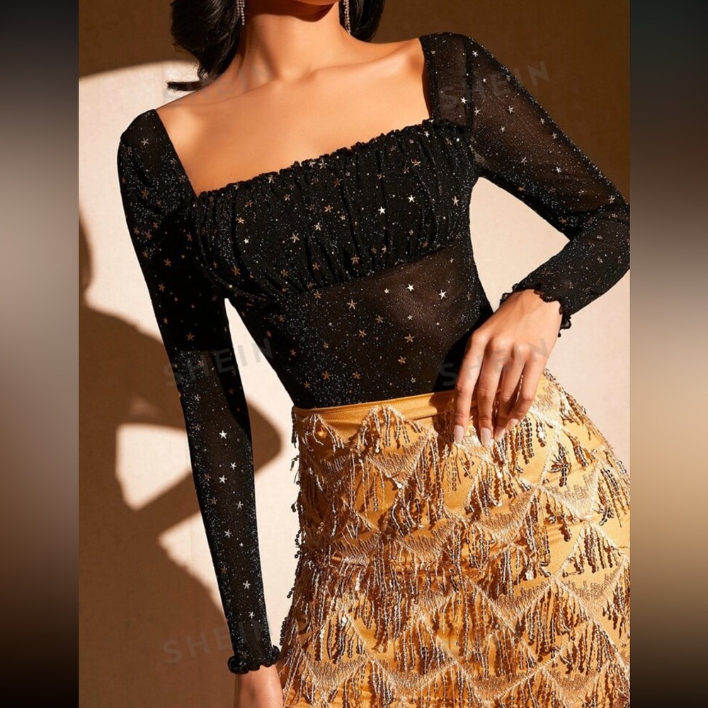 Shein Square Neck Star Sequin Detail Mesh Top Size L